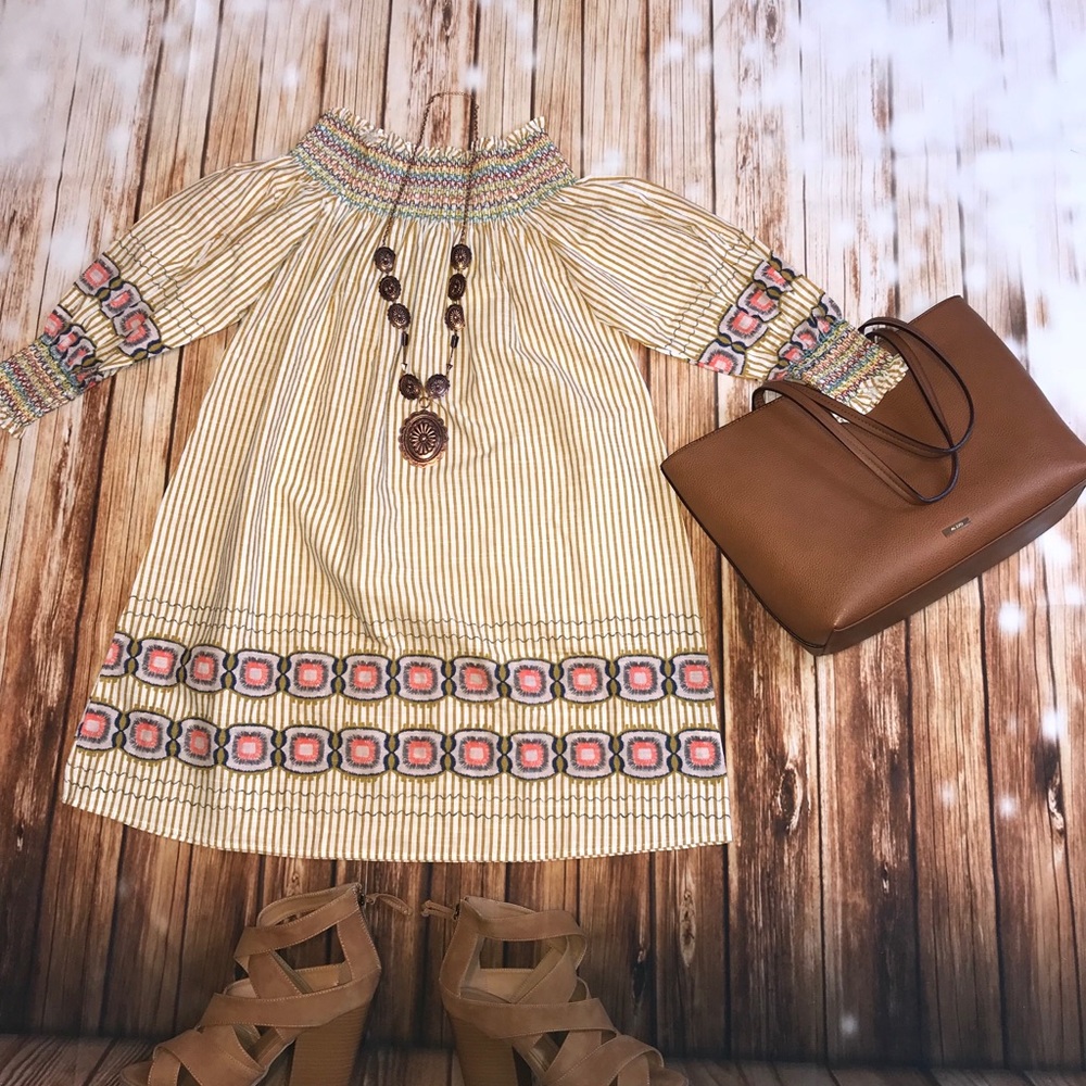 Beautiful Tan Striped Strapless Dress